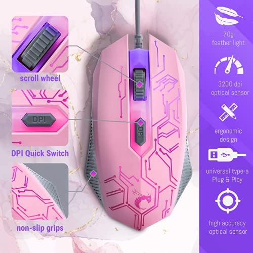 Pink Gaming Keyboard and Mouse Headset Headphones and Mouse pad, Wired LED RGB Backlight Bundle Pink PC Accessories for Gamers and Xbox and PS4 PS5 Nintendo Switch Users - 4in1 Edition Hornet RX-250 - Image 5