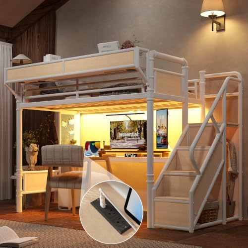 KEIKI Twin Size Metal Loft Bed Frame with Storage Staircase, Desk, White - Image 3