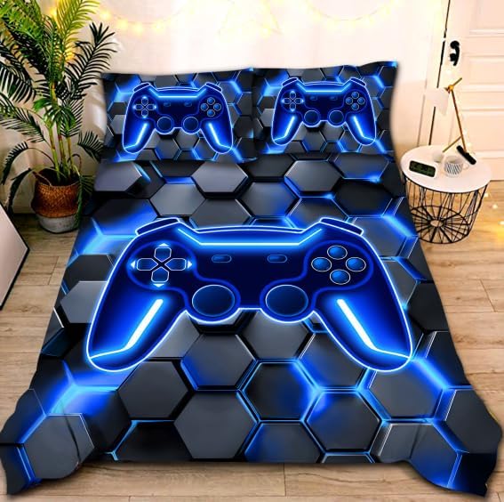 NTBED 3D Gaming Comforter Set for Boys Kids Teens,5pcs Gamer Bedding Sets with Sheet,Game Console Bed in a Bag (Blue, Full) by NTBED