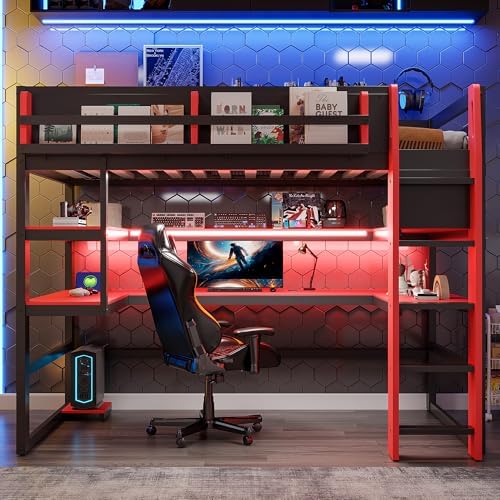 DNYN Gaming Loft Bed with Built-in Desk and Storage Shelves for Teens/Adults Bedroom, Space-Saving Twin Size Wooden Bed Frame with LED & Side Race, No Box Spring Needed - Image 3