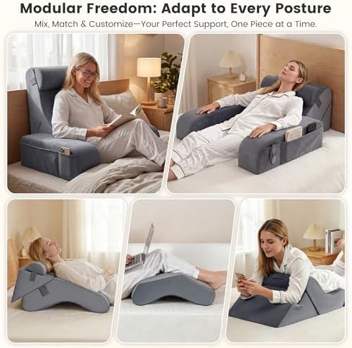 Homkdom Reading Pillow for Sitting in Bed Adult, 20" Back Pillow for Bed Sitting up with Armrests & Storage Pockets, Ergonomic Wedge Pillow for Watching TV, Gaming, Working, Recovery, 5PCS, Grey - Image 4