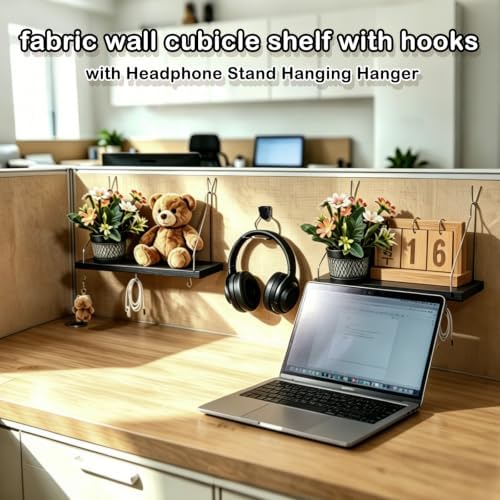 Fabric Wall 2 Pack Wooden black Cubicle Shelf with 1 Headphone Stand Hanging Silver Hanger, Office Organizer Accessories, Women Men Desk Organizer Stylish Ations Holder, Desk Work Space Storage Hook - Image 6