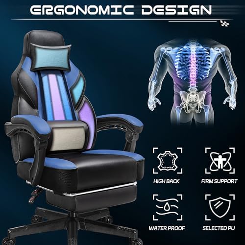 Gaming Chair for Adults, Video Game Chair with Footrest, Big and Tall Gaming Chair Heavy Duty Computer Chair with Massage Lumbar, Ergonomic Adjustable Height and 360° Swivel Seat, PU Leather, Blue - Image 4