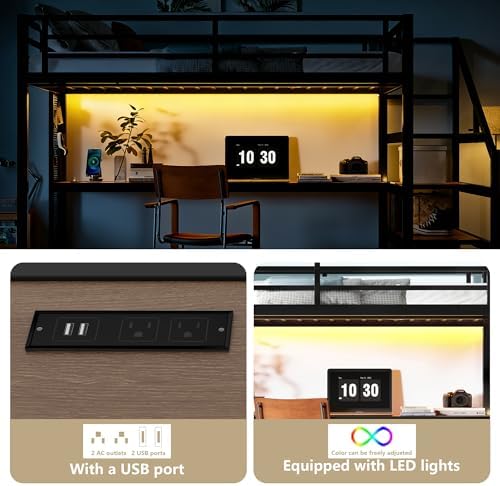 Bellemave Queen Loft Bed with Desk & Storage Stairs, Metal Queen Size Loft Bed Frame with Iron Nets, LED Lights & USB Ports, Heavy Duty Adult LoftBed for Bedroom, Noise-Free, Black - Image 4