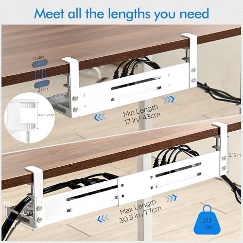 No Drill Under Desk Cable Management Tray, 17”-30” Retractable Cord Organizer for Table, Clamp Mount Wire Basket, Power Strip Holder & Metal Cord Organizer for Office, Home, White - Image 2