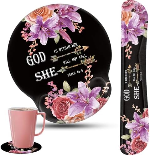 Keyboard Wrist Rest and Mouse Pad Wrist Support Set with Coasters,Ergonomic Gaming Mousepad for Home Office Working Studying Easy Typing & Pain Relief,Flower Bible Verse Psalm 46-5 by CICPLKSE
