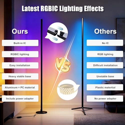 Led Corner Lamp – Bonus RGB TV Backlight – RGBIC Corner Floor Lamp with 16M+ Colors, 300+ Effects, Music Sync, 5V/2A Adapter, Perfect Ambient Lighting for Living Room, Bedroom & Gaming Setup - Image 4