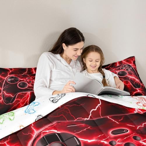 Erosebridal Gaming Comforter Set Gamer King Bedding Set, Retro Game Console Comforter Red Lightning Duvet Insert,Kids Bedroom Decor - Image 4