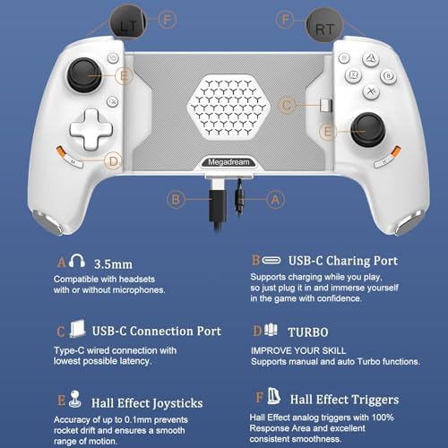 Phone Controller for iPhone 17/iPhone 16/iPhone 15/Android USB C Mobile Gaming Controller with 3.5mm Audio Jack, Remote Player Gamepad for PS5/PS4/Xbox/PC, Cloud Game, Plug and Play, Hall Joysticks/Hall Trigger, 2 Mappable Buttons, White - Image 4