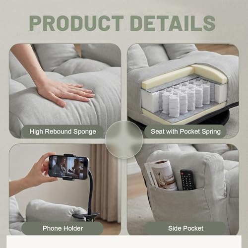 360° Swivel Floor Gaming Chair Linen Folding Chaise Lounge Chair Adjustable Cozy Sofa Chair with Armrests, Phone Holder & Padded Cushion, Ideal for Living Room, Bedroom (Grey) - Image 3