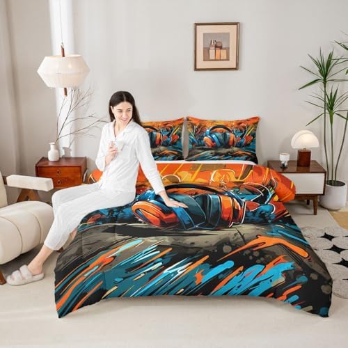 Erosebridal Gaming Headset Comforter Set Graffiti Gamer Girl Toddler Bedding Set for Tween Boys Girls Doodle Style Comforter Gaming Headphones Quilt - Image 2