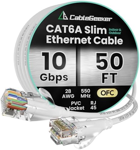 CableGeeker Cat 6A Slim Ethernet Cable 50t, 10Gbps, White by CableGeeker