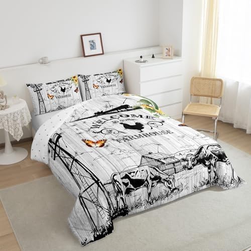 Farmhouse Windmill Comforter Set Full Size Rustic Farm Barn Door Bedding Comforter Sets for Cowboy Cowgirl, Vintage Western Cow Gifts Bedding Room Decor Butterfly Sunflowers Wooden Plank Duvet Insert - Image 4