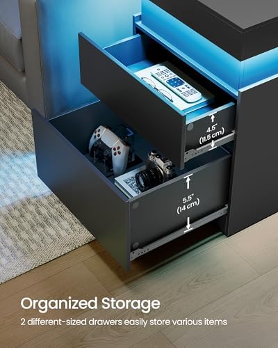 VASAGLE Black Nightstands, Charging Station, LED Lights,2 Drawers - Image 6