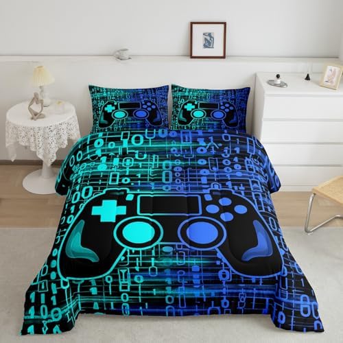 Feelyou Blue and Green Gamer Comforter Set Toddler Size, Gaming Bedding Set for Kids Game Comforter Game Room Duvet Set Gamepad Microfiber Bed Set by Feelyou
