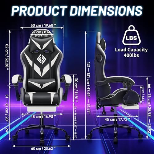 LED Gaming Chair with Speakers RGB Lights Massage Computer Chairs-White | Bluetooth Game Chairs for Adults;Ergonomic High Back Video Game Chair; Reclining Gamer Chair with Footrest Lumbar Support - Image 2
