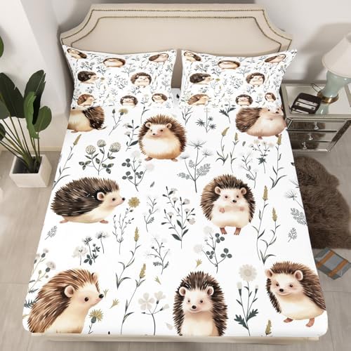 Erosebridal Cute Hedgehog King Size Sheet Set, Animal Pattern Sherpa, 4 Piece Set, Microfiber, Breathable, Unique Kawaii Leaves Branch Design Decor - Image 2