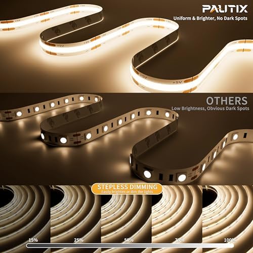 PAUTIX 5V USB COB LED Strip Lights Dimmable LED Lights 4000K Natural White with RF Remote,1200lm,Dotless Flexible Tape Light for Under Cabinet,Bedroom,TV Backlight,Kitchen,Shelf,Mirror Lighting 6.56ft - Image 3