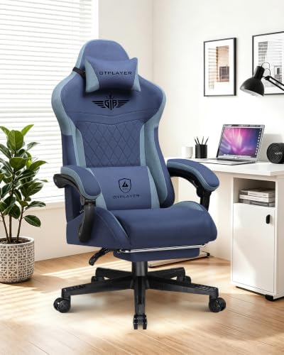GTPLAYER Gaming Chair with Footrest, Big and Tall Game Chair High Back Computer Office Chair with Lumbar Support for Adults, Ergonomic Swivel Games Chair with Cushion Gaming, Fabric Blue by GTPLAYER
