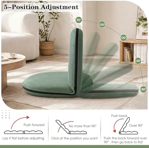 Xuhal Floor Chair with Back Support Adjustable 5 Foldable Position Floor Seat Thick Padded Tatami Seat Flexible Bleacher Recliner for Living Room Beach Bedroom Adults Meditation Reading Gaming(Green) - Image 4
