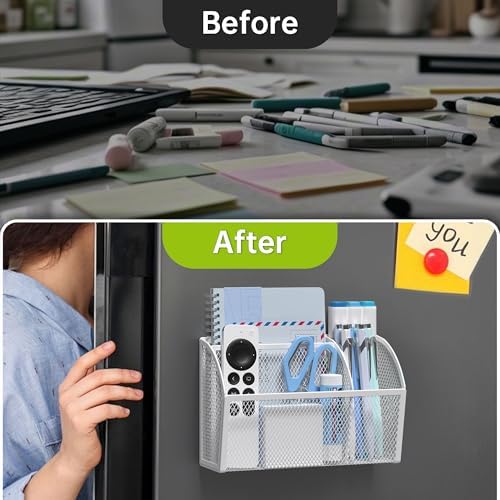 YINGHUA 3 Compartment Magnetic Metal Mesh Pen Holder, White Desk Caddy - Image 3