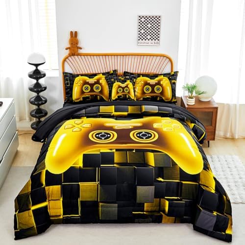 PERFEMET 6 Pieces Queen Bed in A Bag Gamer Black and Gold Boys Comforter Set with Sheets Soft Fluffy 3D Cool Video Game Kids Bedding Set for Teen Girls(Gold, Queen) by PERFEMET