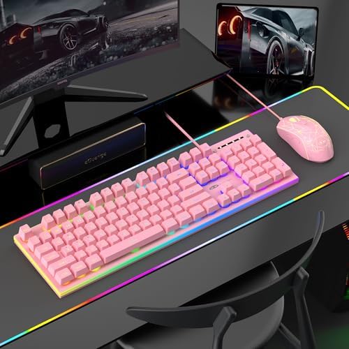 MageGee GT838 Gaming Keyboard and Mouse Combo, 104 Keys RGB Backlit Quiet Wired Keyboards for Laptop PC MAC, with Number Pad, Metal Panel, Anti-Ghosting, Pink - Image 6
