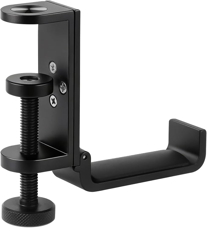All Aluminum Foldable Headphone Holder for Desk, Headset Stand for Desk,Backpack Holder Hook for Desk,Table Bag Hook,Under Desk Clamp Hook for Gaming PC Accessories,Deep Black by SHINEWIDER
