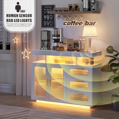 HWB Coffee Bar Cabinet with RGB Light & Charging Station, White - Image 4