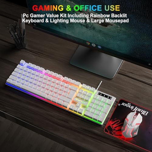 BlueFinger RGB Gaming Keyboard and Backlit Mouse Combo, USB Wired, LED Gaming Set for Laptop PC Computer Game and Work(White) - Image 4