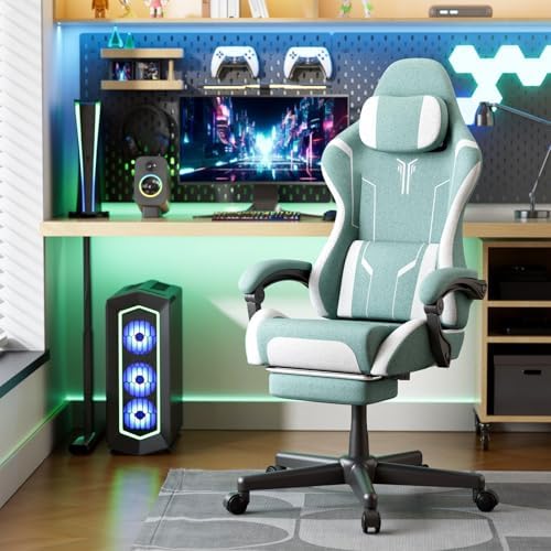 Ferghana Fabric Ergonomic Gaming Chair, High Back Computer Chair with Footrest and Linkage Armrest, Office Video Game Chair with Massage Lumbar Support for Adult, Green/White - Image 2