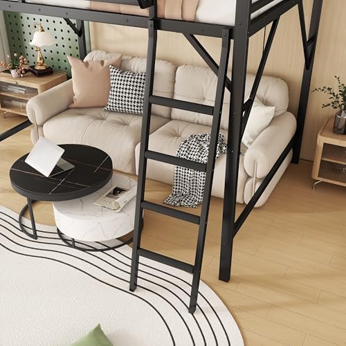 KEIKI Full Size Metal Loft Bed Frame with Ladder and Built-in Storage Shelves, for Teens, Modern Style Loft Bed with Solid Slats, Guardrail, No Box Spring Required, Easy Assembly, for Bedroom, Black - Image 6