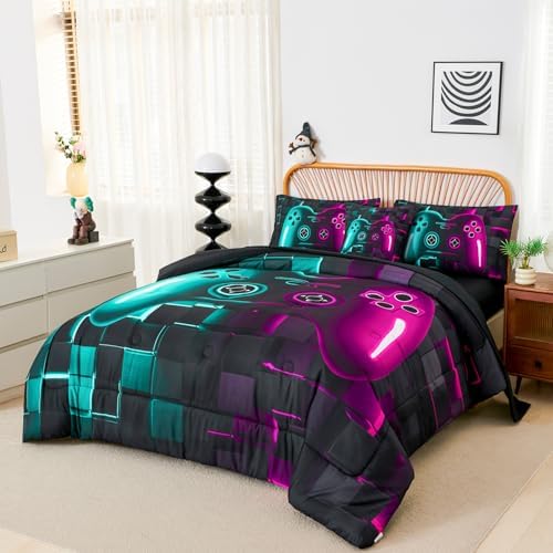 PERFEMET 6 Pcs Boy Gamer Full Bed in a Bag Purple and Teal Gaming Comforter - Image 2