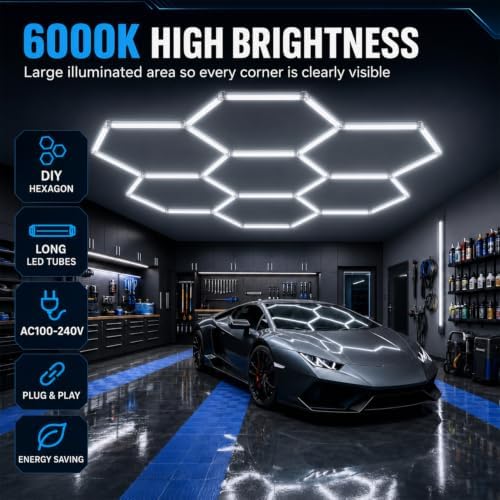 Hexagon LED Garage Light, 64500LM Ultra Bright 14-Hexagon 58-Tube Honeycomb Ceiling Lights, 6000K Daylight for Garage Gym, Car Detailing, Workshop, Warehouse & Auto Studio, DIY Hex Lights - Image 3