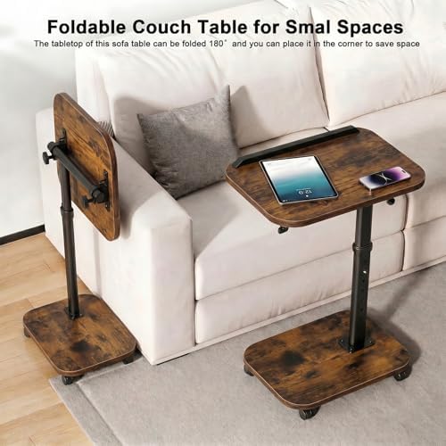 C Table End Table Adjustable Height, Rolling TV Tray Table for Small Spaces 180° Flip-Over Panel & 360° Swivel Casters,C Shaped Side Tables for Couch/Living Room/Bedroom/Bed/Sofa/Chair/Snack, Walnut - Image 4