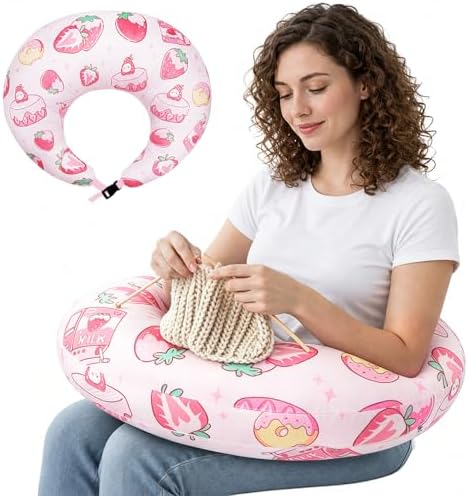 Ergonomic U-Shaped Gaming & Lap Pillow for Crocheting - Cute Strawberry Milk Crochet Pillow with Elbow & Arm Support, Lap Desk Pillows for Reading, Playing or Crocheting, Suitable for Adults - Pink by Unknown