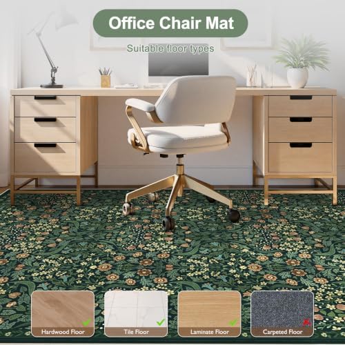 Anidaroel Office Chair Mat for Hardwood Floor/Tile Floor, 5x7 Floral Desk Chair Mat for Hard Floors, Under Desk Rug Protector for Rolling Computer Gaming Chairs, Anti Slip Machine Wash Low Pile Carpet - Image 2