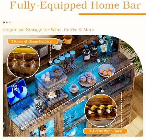 Home Bar Cabinet with Adjustable RGB LED Light, Wine & Coffee Storage with Rack & Drawers, Charging Station, Modern Liquor Cabinet for Living & Dining Room, All-in-One Wine Bar Cabinet (Rustic) - Image 3