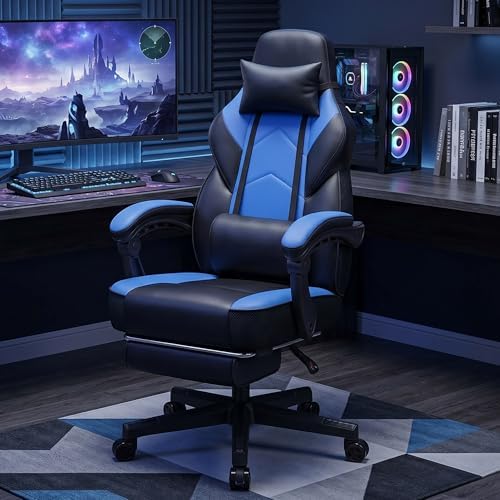 Gaming Chair for Adults, Video Game Chair with Footrest, Big and Tall Gaming Chair Heavy Duty Computer Chair with Massage Lumbar, Ergonomic Adjustable Height and 360° Swivel Seat, PU Leather, Blue - Image 2