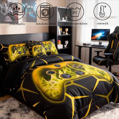 ZRNBAST Boys Gamer Comforter Set, Twin Bed in a Bag Gold Gaming Bedding - Image 2