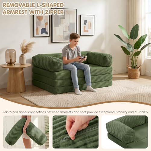 Convertible Sofa Bed Queen,5-in-1 Boneless Couch with Removable Armrests & Handle,Corduroy Futon Sleeper Sofa,Floor Folding Mattress Pull Out Bed for Small Space Apartment Living Room Bedroom,Green - Image 4
