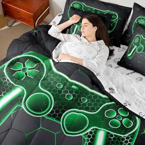 Feelyou Gamer Comforter Set with Sheets for Kids Boys Teens Game Controller Bed in a Bag Gaming Gifts 7 Piece Bedding Set Queen Size for All Season,Green Bed Set - Image 7