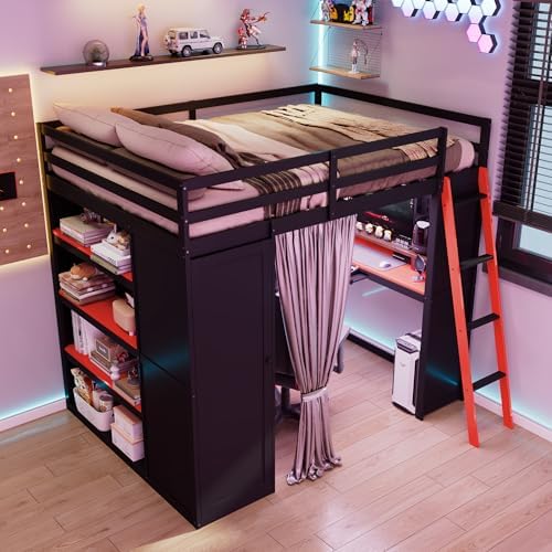 Merax Full Size Loft Bed with Desk and 6 Storage Shelves, Wardrobe, Blackout Curtain, Solid Wood Gaming Loft Bed Frame with USB Port & RGB Lights, No Box Spring Needed, Space-Saving, Black+Red - Image 4