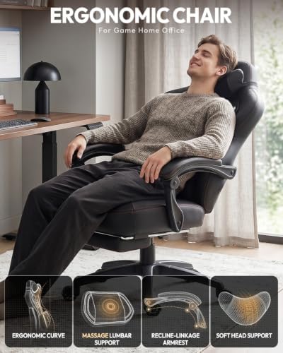 Dowinx Big and Tall Gaming Chair for Adults with Footrest, Massage Lumbar | Ergonomic High back with Pocket Spring Cusion Wide Seat, 90-135° Recline, Adjustable Height & Headrest for Home Office Black - Image 6