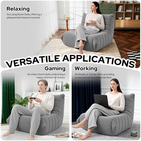 HABUTWAY Bean Bag Chairs Fireside Lazy Floor Sofa,Single,Light Grey | Soft Teddy Fleece Bean Bag Sofa with High-Resilience Foam Filling，Beanbag for Living Room, Bedroom, Office - Image 5