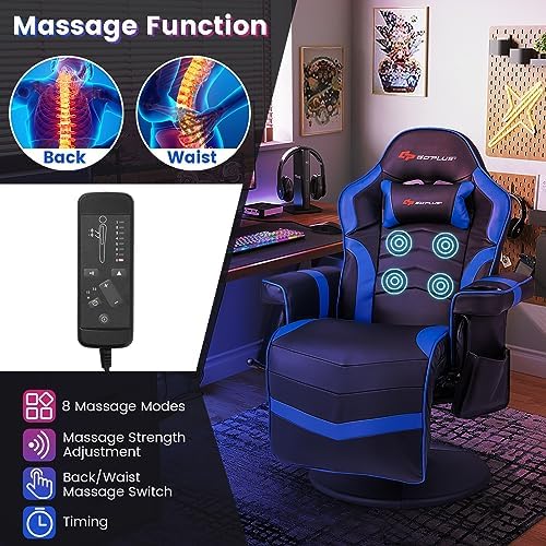 Goplus Gaming Chair, Height Adjustable Massage Video Game Chair with Retractable Footrest, Cup Holder, Headrest, Swivel Office Chair, Racing Style Swivel Gamer Chair (Blue) - Image 6