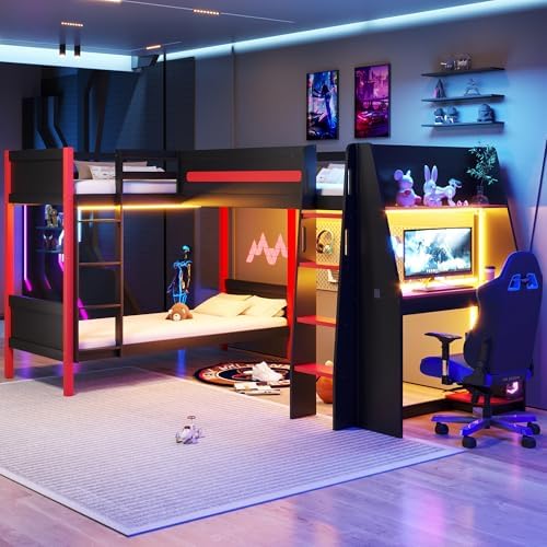 Merax L-Shaped Twin Size Triple Bunk Bed for 3 People, Wood Gaming Loft Bed with Built-in Desk, Shelves, Lights and Full-Length Guardrails, Black+Red by Merax