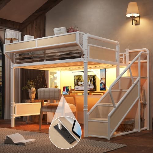 KEIKI Queen Size Metal Loft Bed Frame with Storage Staircase, Desk, White - Image 3