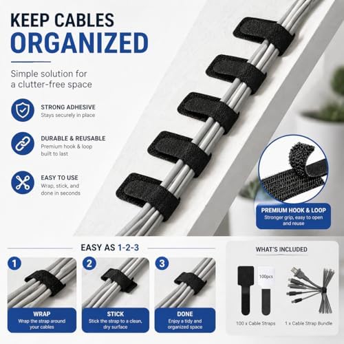 80 PCS Cable Organizer, Cord Organizer for Desk, Wire Holders for Cords with Adhesive Backing, Reusable Velcro Cable Management Straps, Under Desk Cable Management for Home Office and Gaming Setup - Image 2