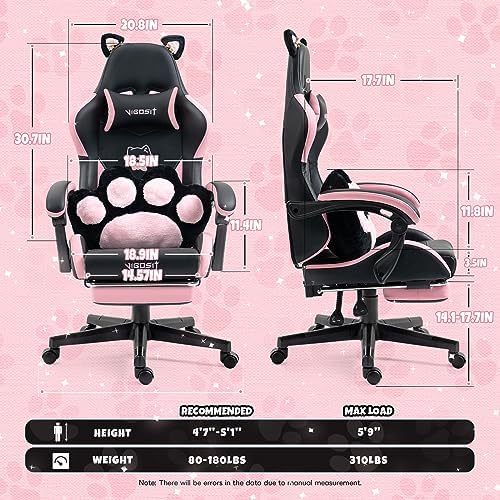 Vigosit Cat Ears Gaming Chair with 310lbs Capacity - PU Leather Ergonomic Reclining Office Chair, Adjustable Lumbar Support, 360° Swivel for Gamers Adults Kids, Black with Pink Accents - Image 2